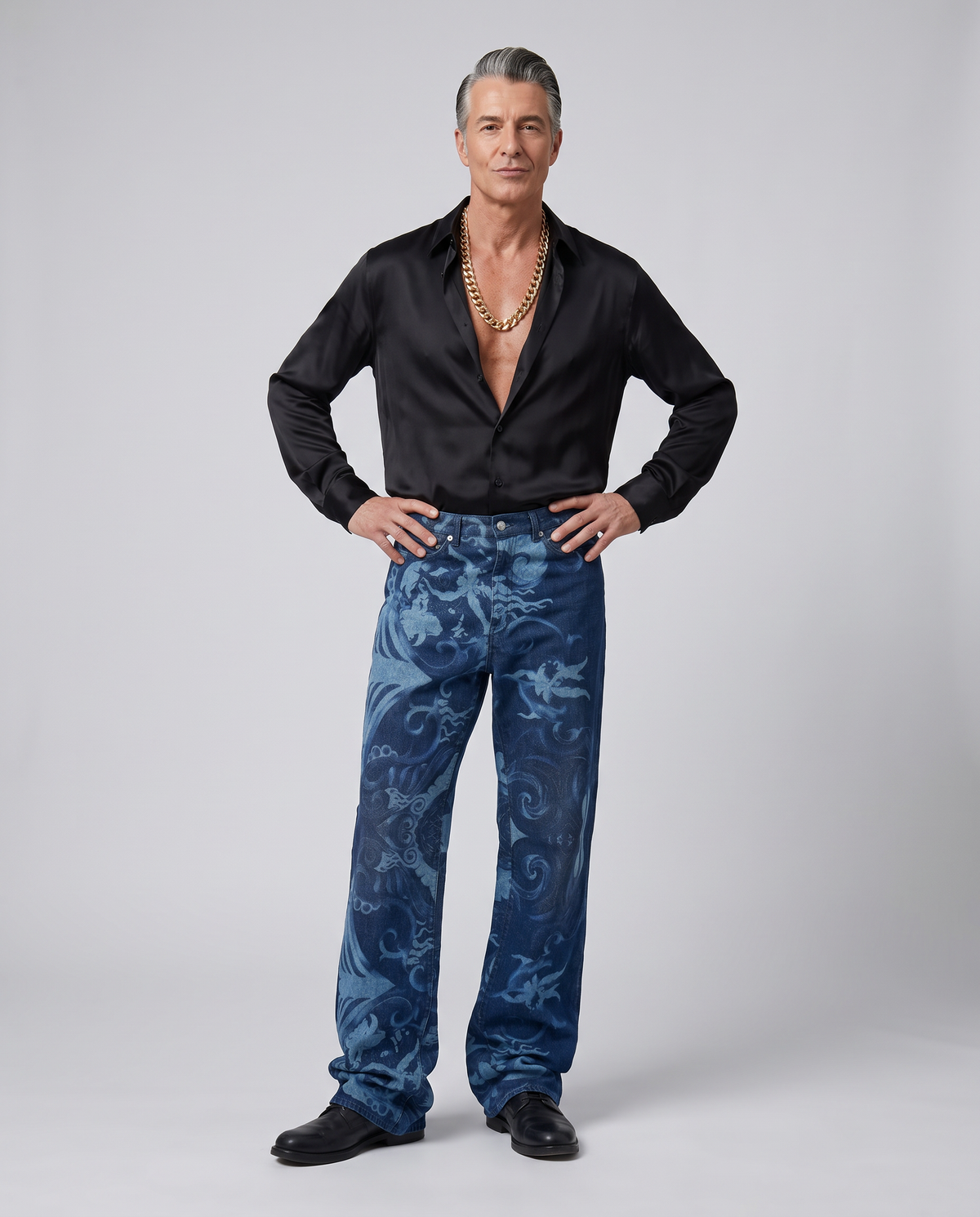 Versace Jeans baroque denim on model, AI styling preview
