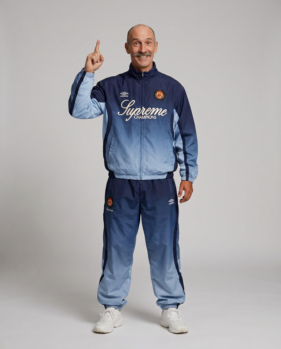 Supreme Umbro navy tracksuit set on model, AI styling preview
