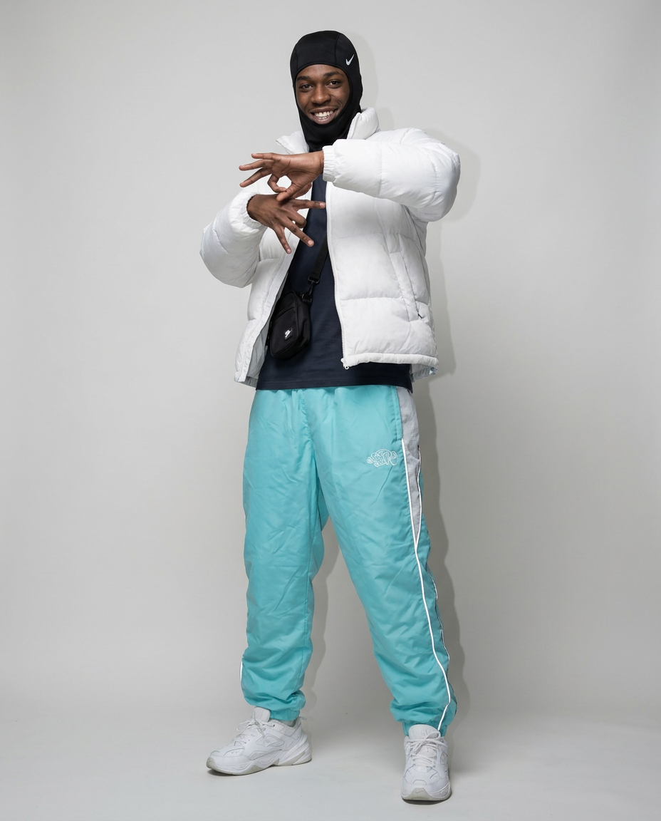 Syna World track pants, on model