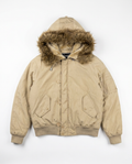 Geuterey beige faux fur hooded bomber, front flat-lay
