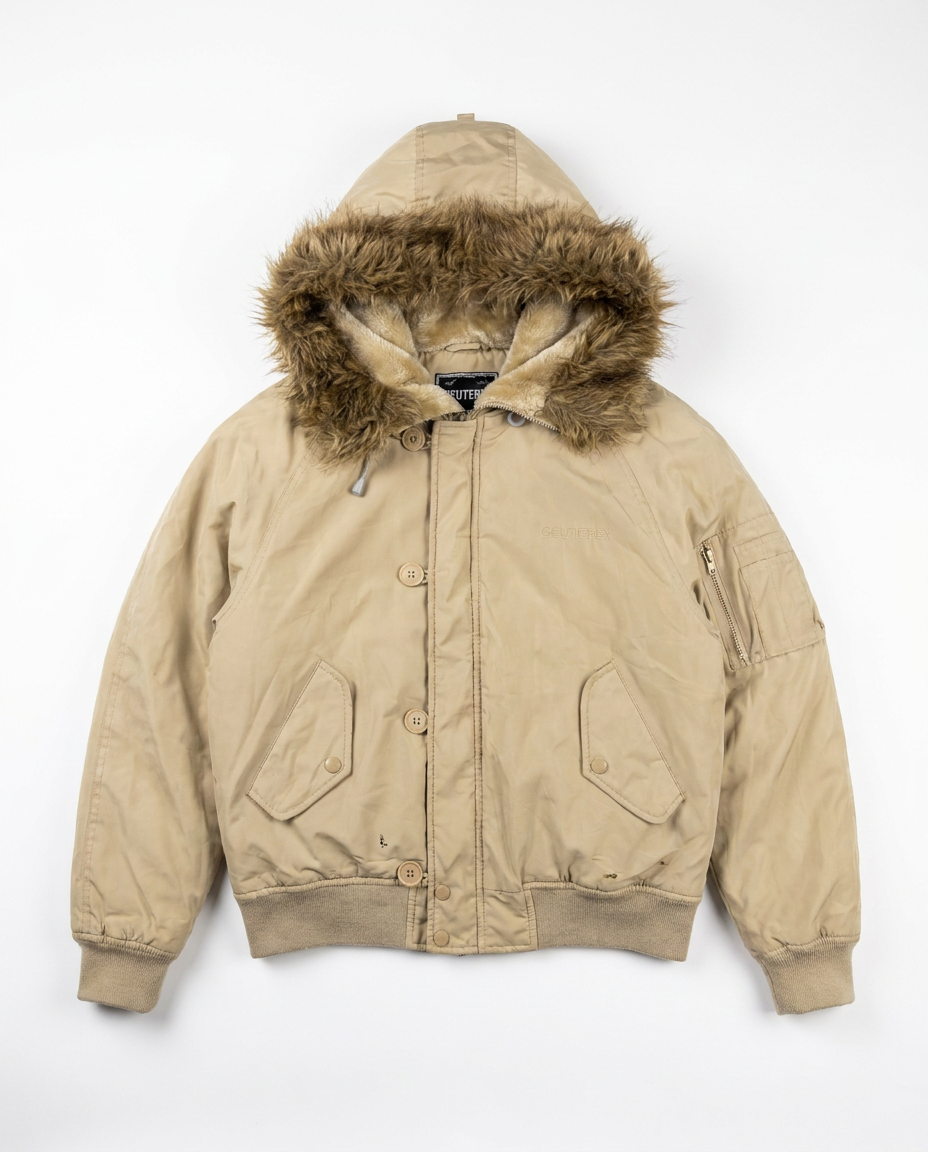 Geuterey beige faux fur hooded bomber, front flat-lay
