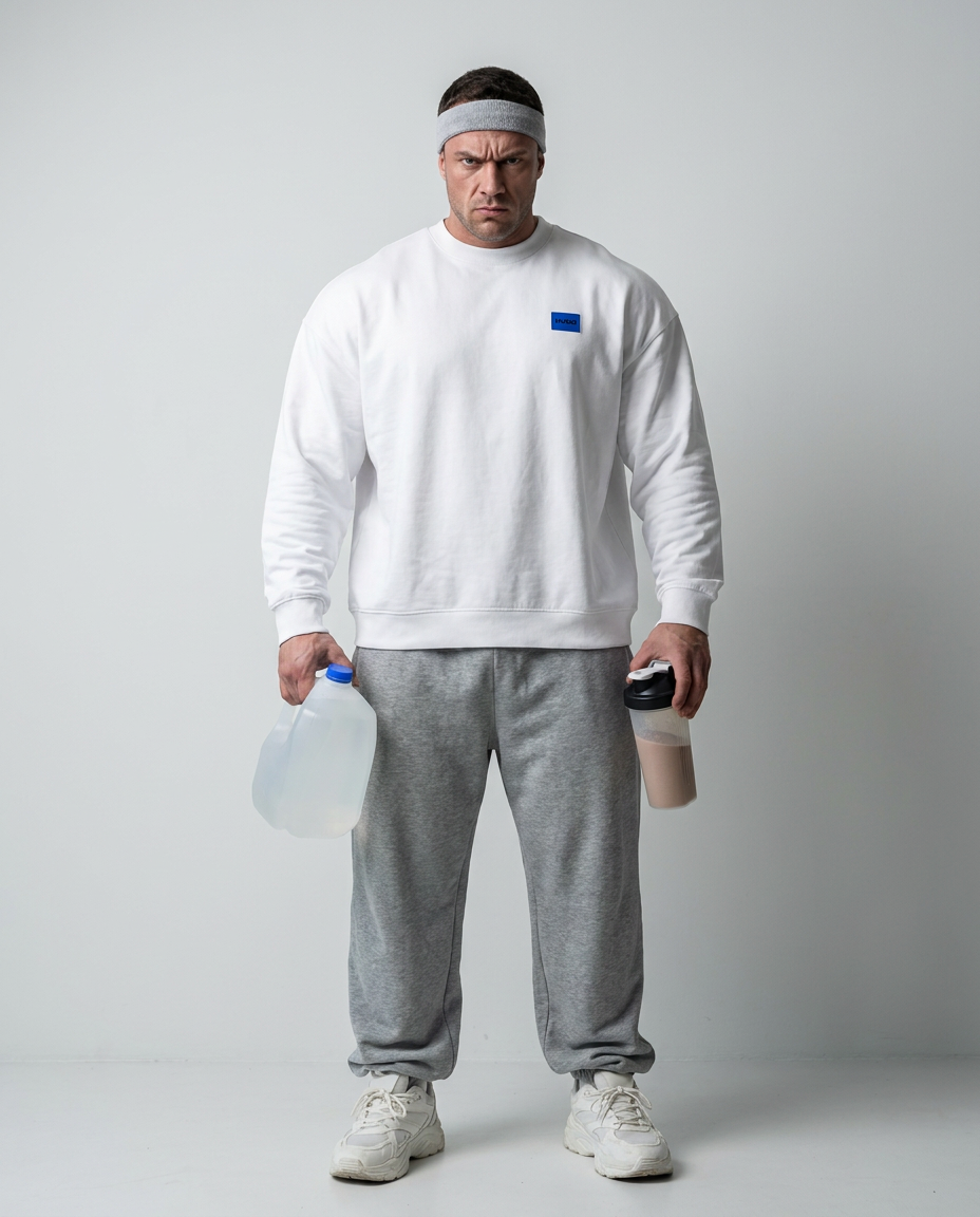 HUGO white sweatshirt, on model