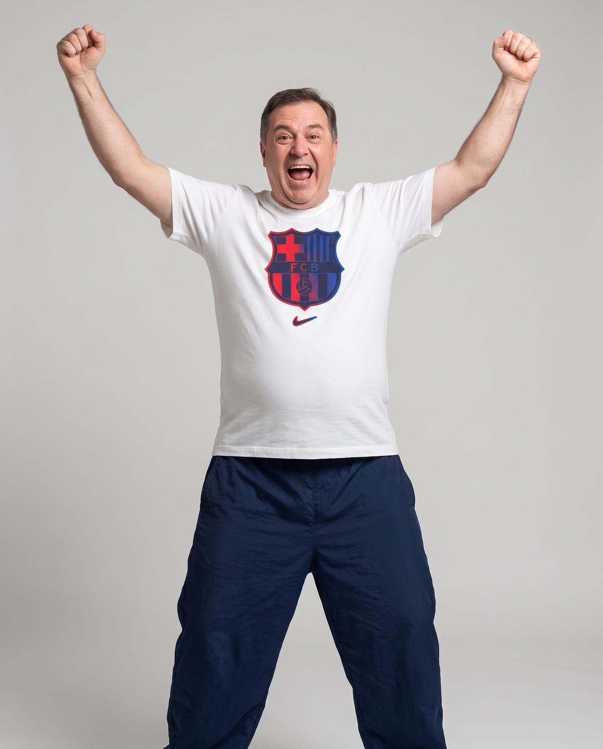 Nike FC Barcelona crest tee on model, AI styling preview