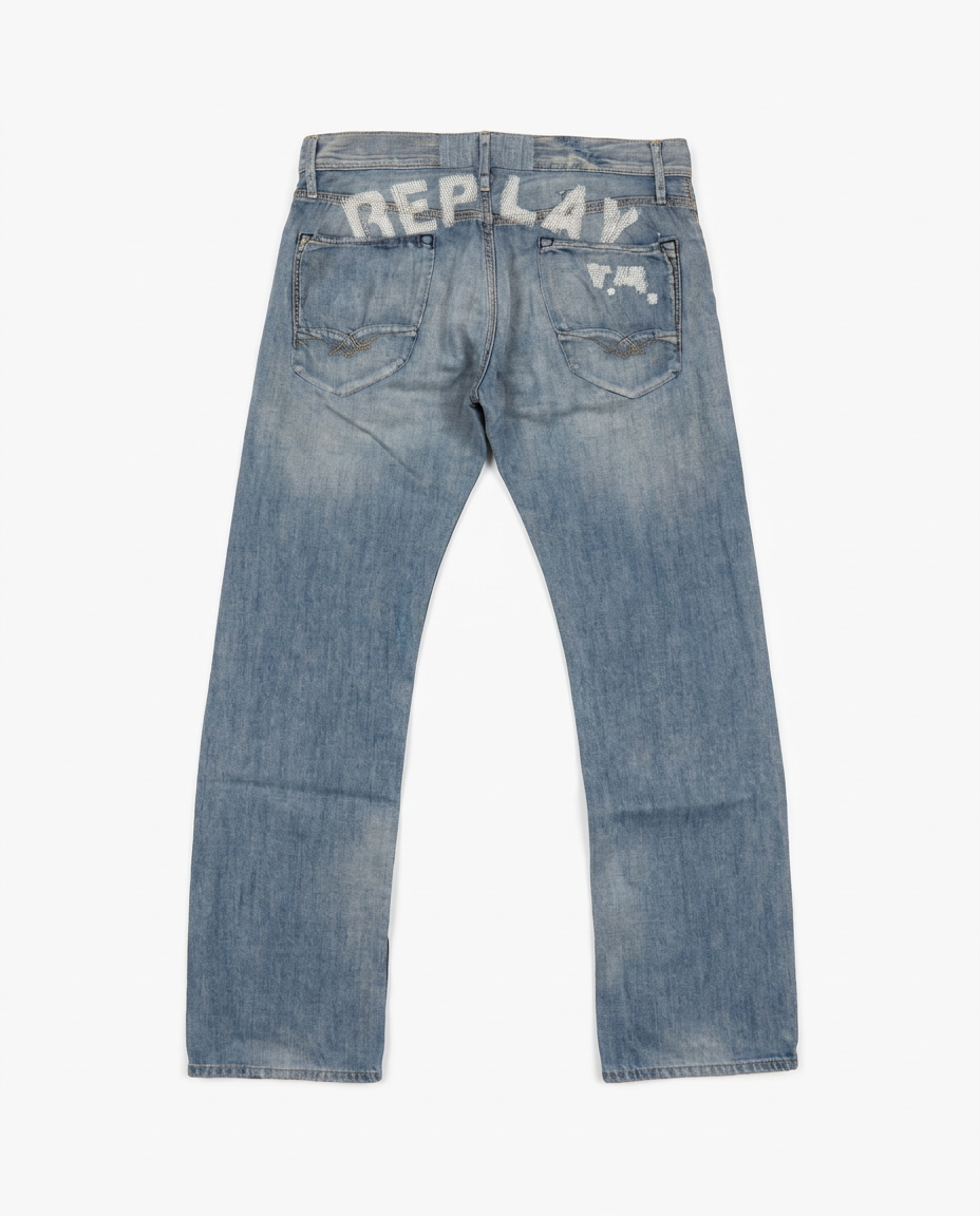 Y2K Replay jeans, back with distressed REPLAY logo