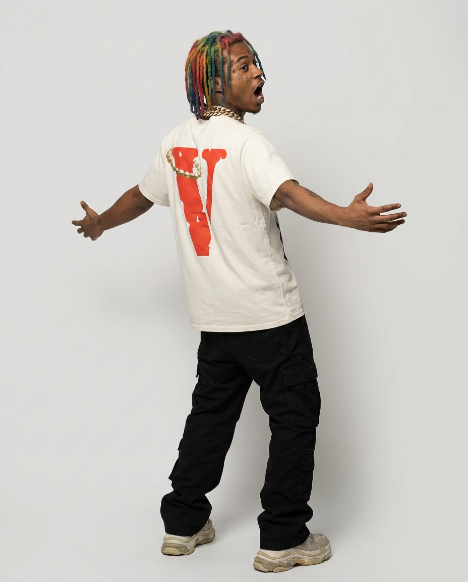 Vlone cream tee, on model