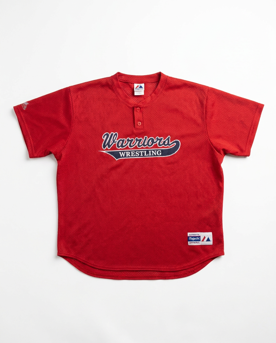 Majestic Warriors Wrestling red mesh jersey, front flat-lay