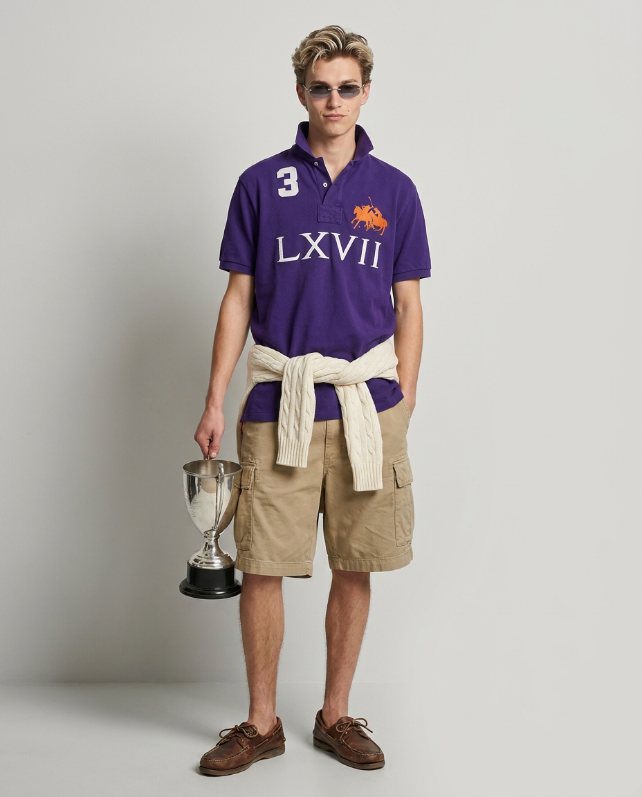 Polo Ralph Lauren purple LXVII polo, on model