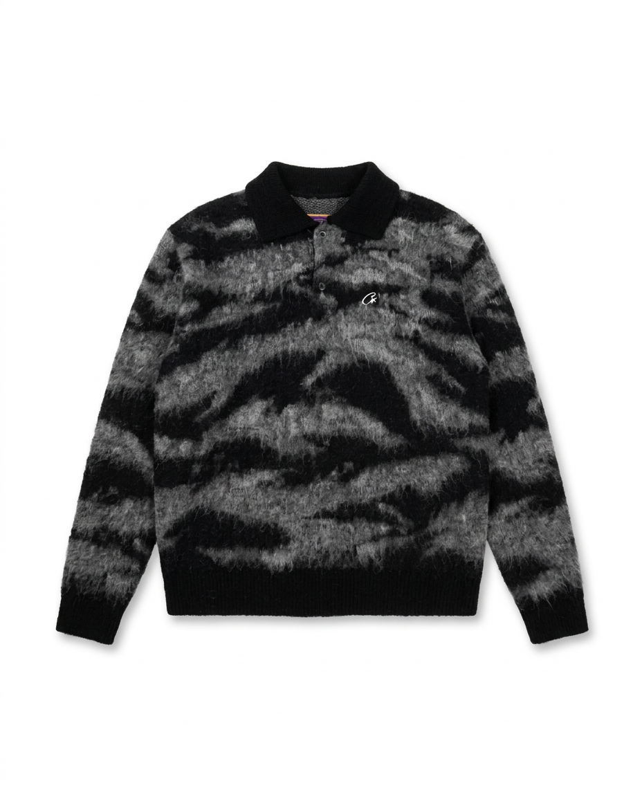 Corteiz mohair camo knit polo front