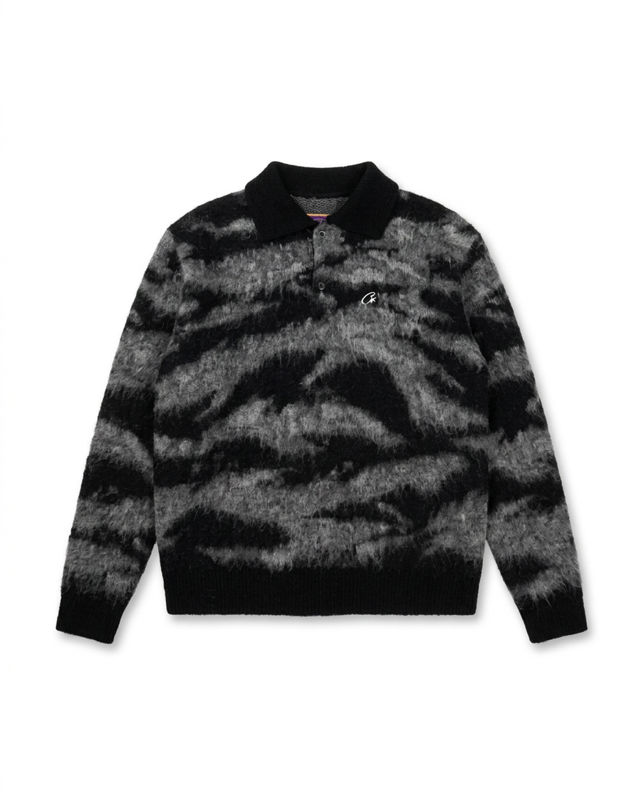 Corteiz mohair camo knit polo front