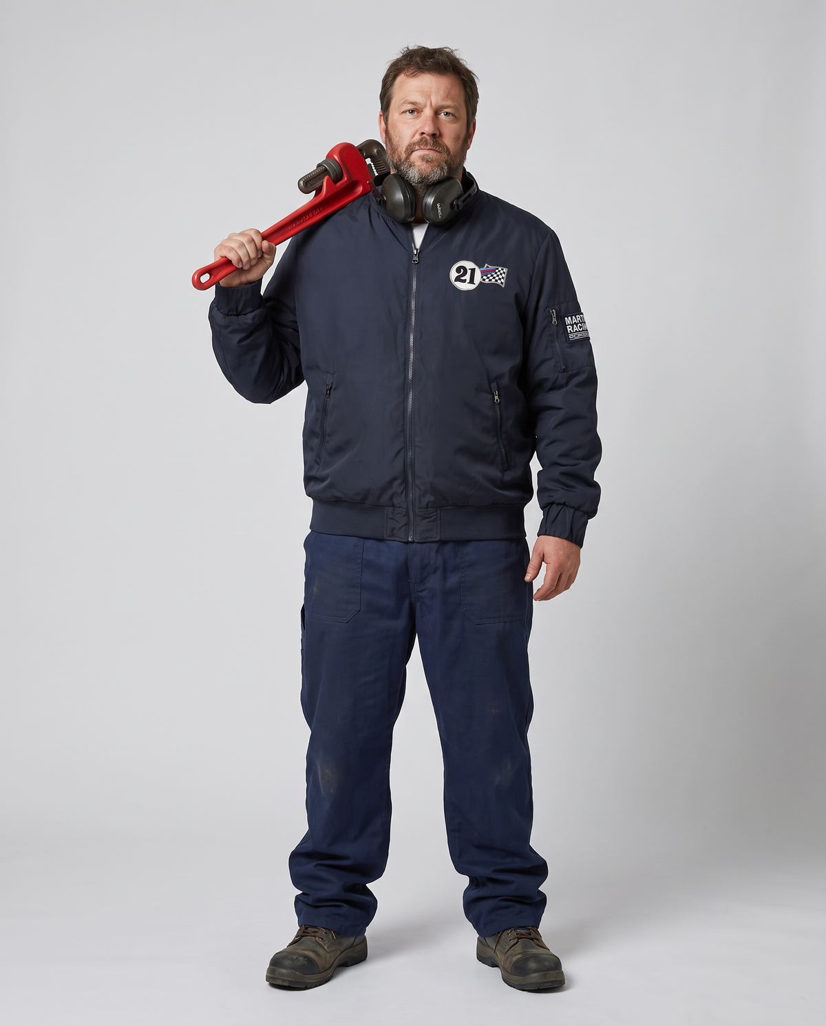 Porsche Martini Racing jacket on model, AI styling preview