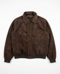 Brown suede bomber jacket, front flat-lay