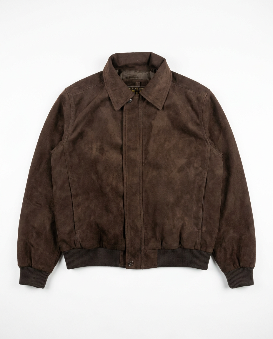 Brown suede bomber jacket, front flat-lay
