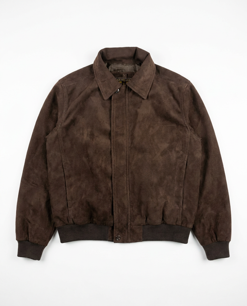 Brown suede bomber jacket, front flat-lay