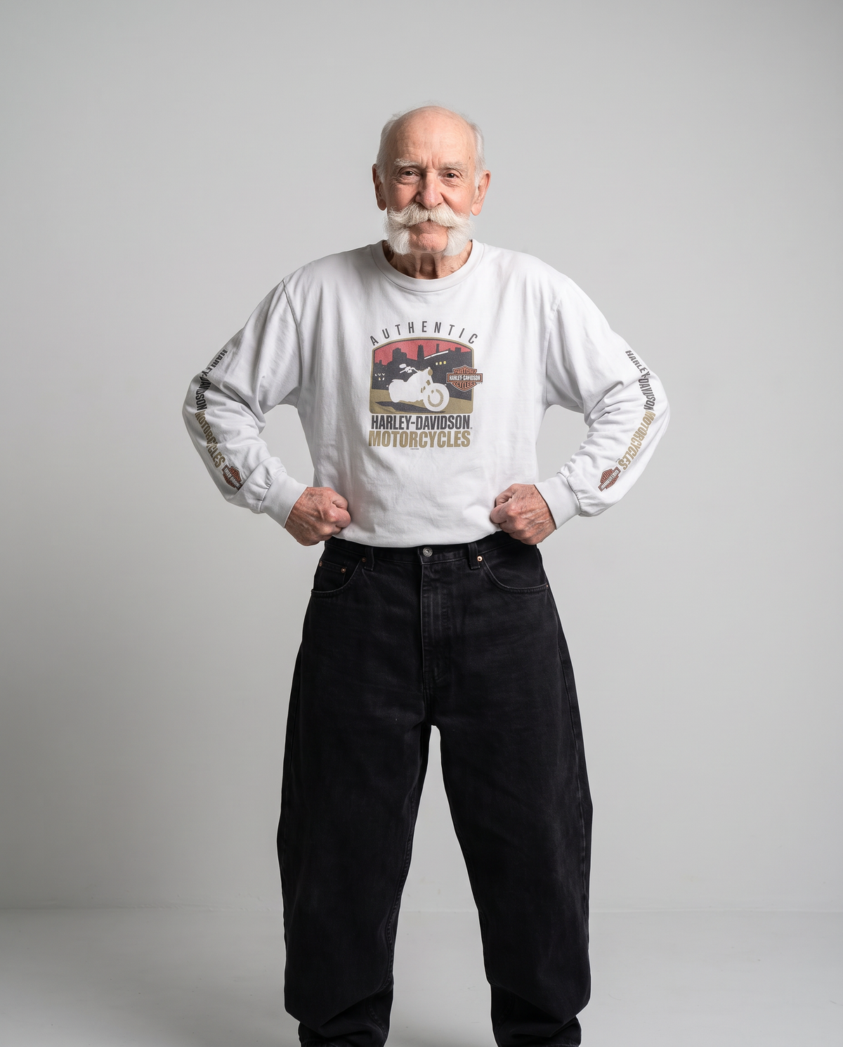 Vintage Harley-Davidson long sleeve on model, AI styling preview