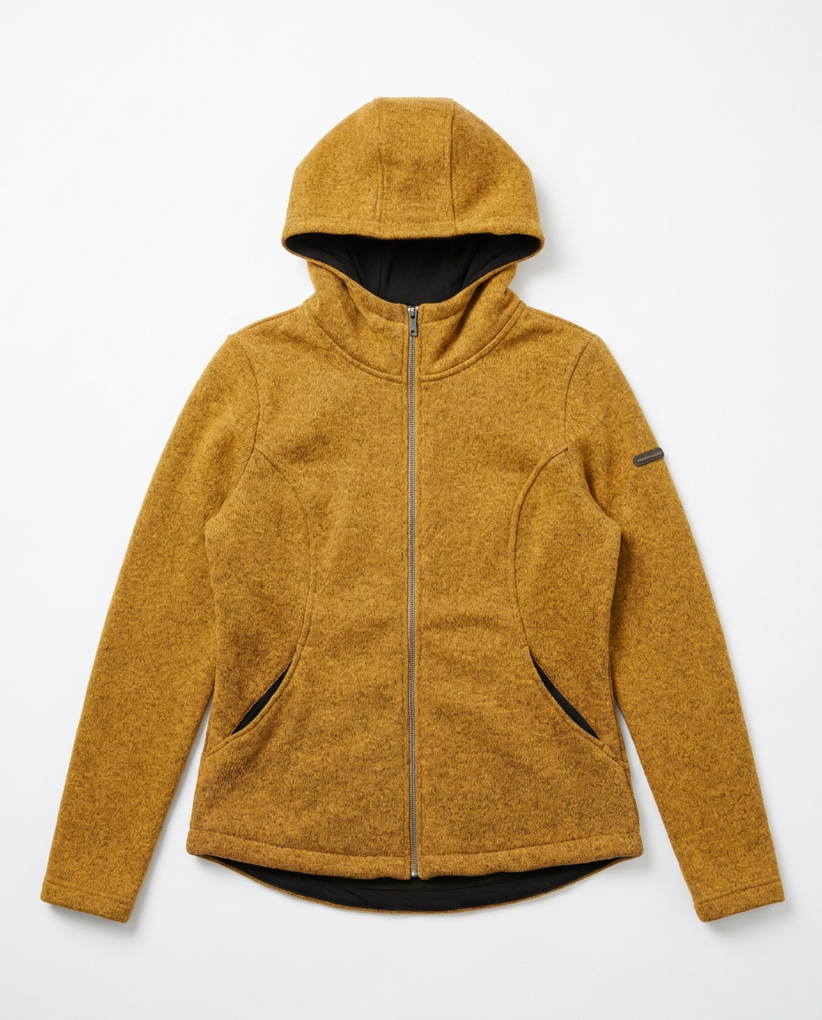 Audimas women's mustard Polartec fleece hooded jacket, front flat-lay