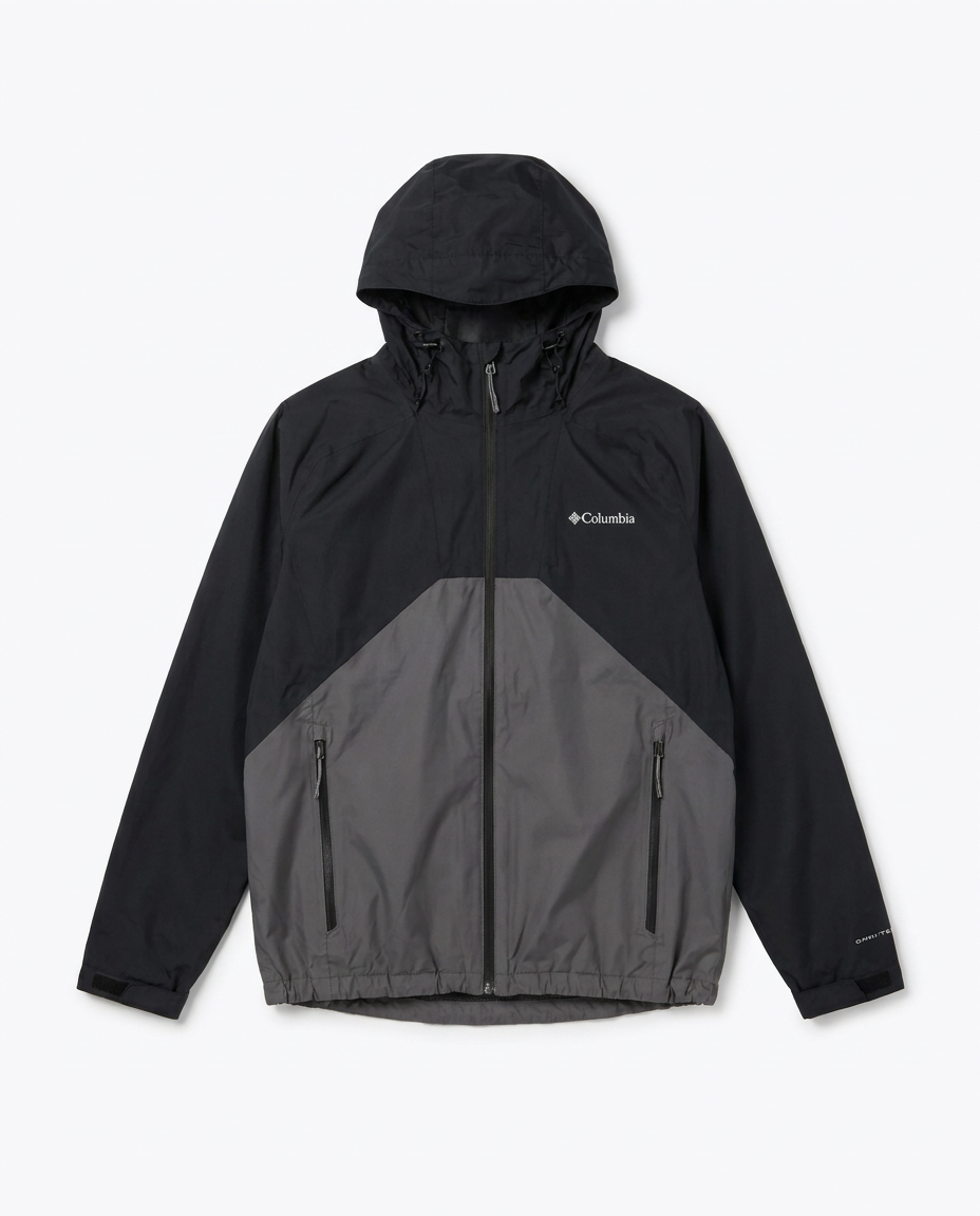 Columbia Omni-Tech rain jacket black grey, front flat-lay
