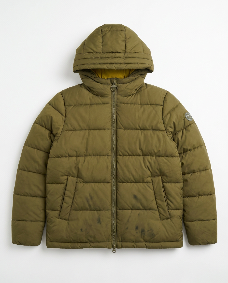 Barbour Saunton Quilt olive puffer, front flat-lay