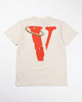 Vlone cream tee, back with red V and pearl necklace