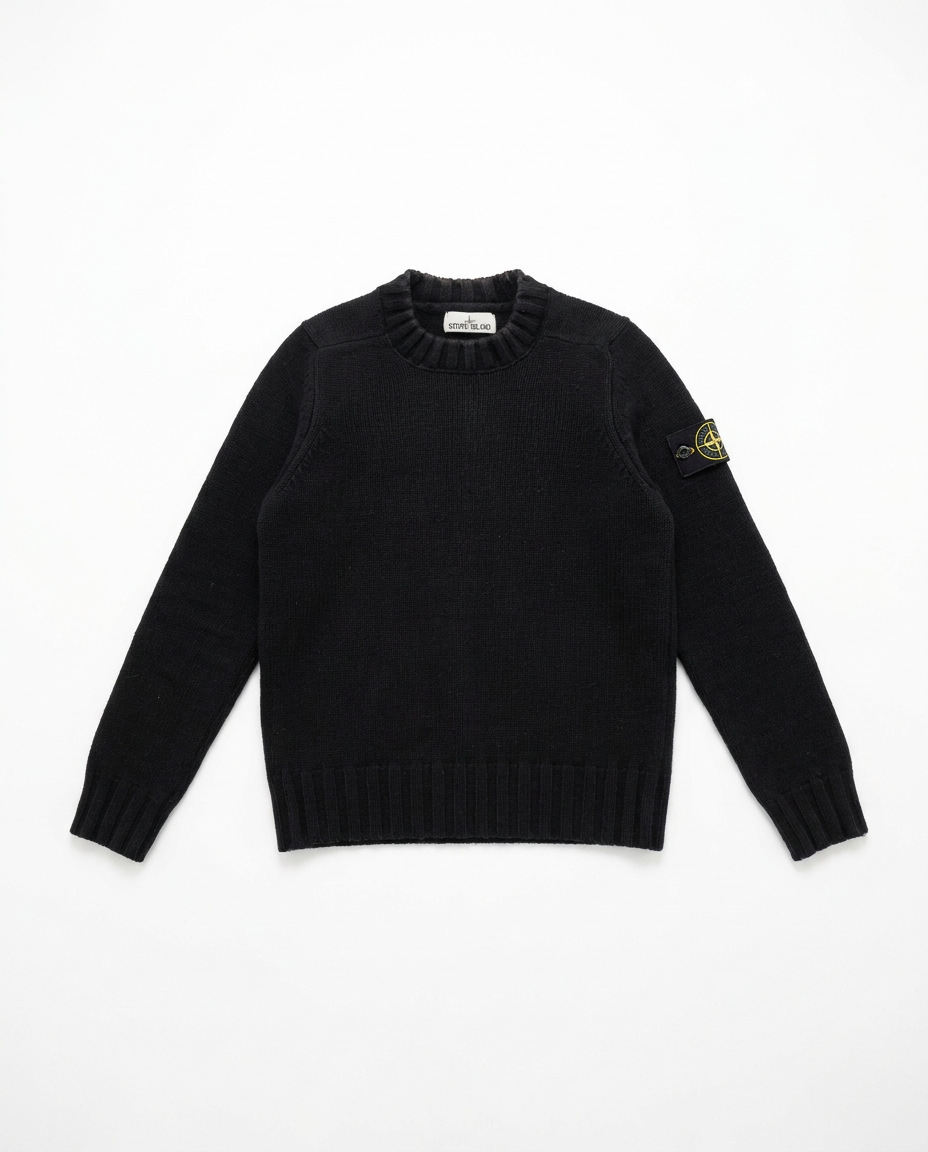 Stone Island AW14 black wool knit crewneck, front flat-lay