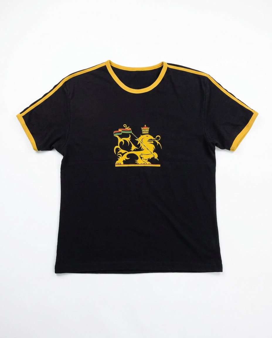 Jamarico Lion of Judah black ringer tee, front flat-lay