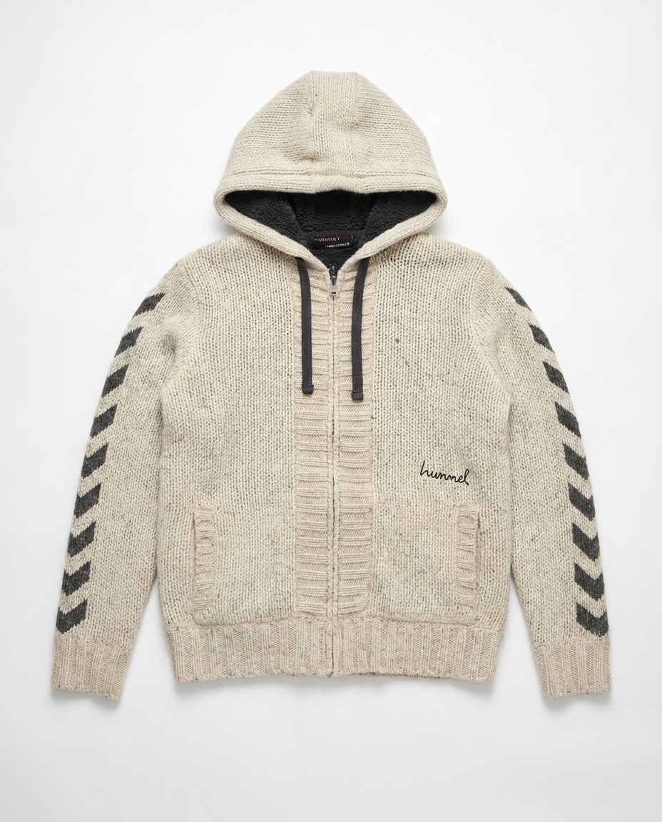 Hummel chunky ecru wool knit sherpa zip hoodie, front flat-lay
