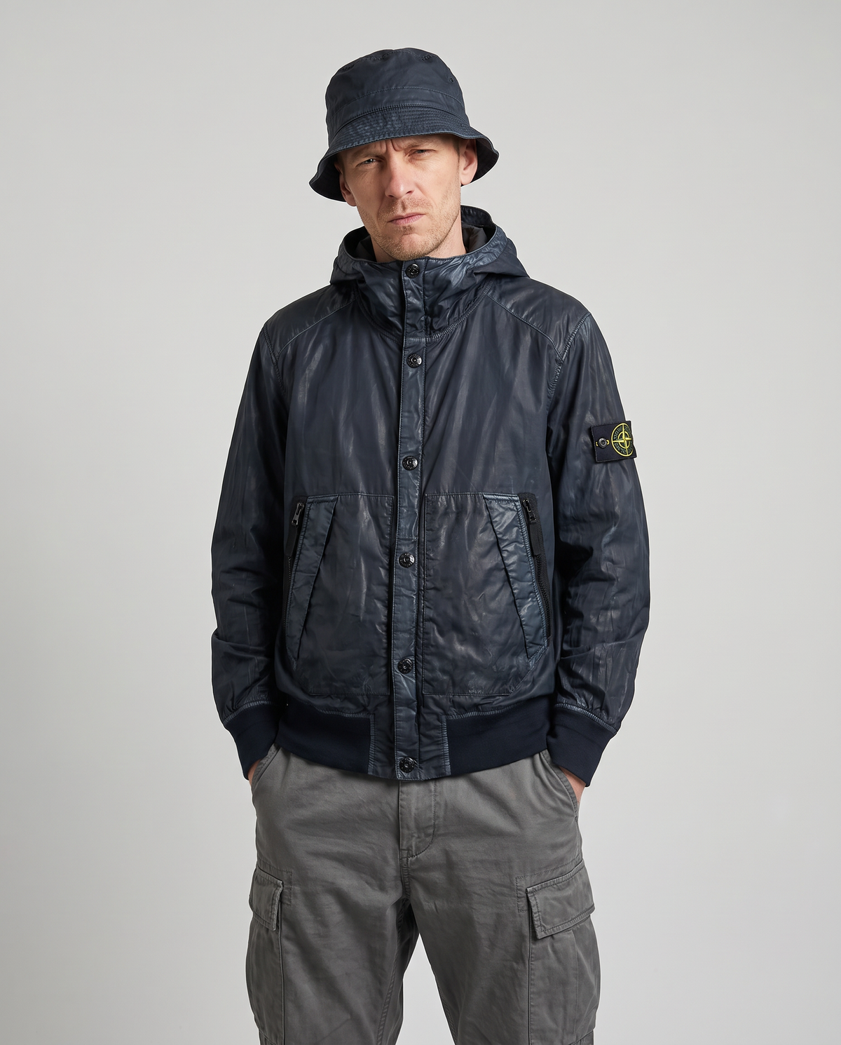 Stone Island Mussola Gommata jacket on model, AI styling preview