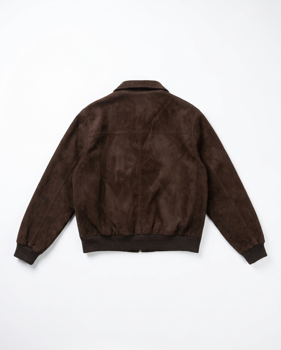 Brown suede bomber jacket, back flat-lay