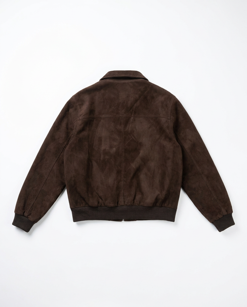 Brown suede bomber jacket, back flat-lay